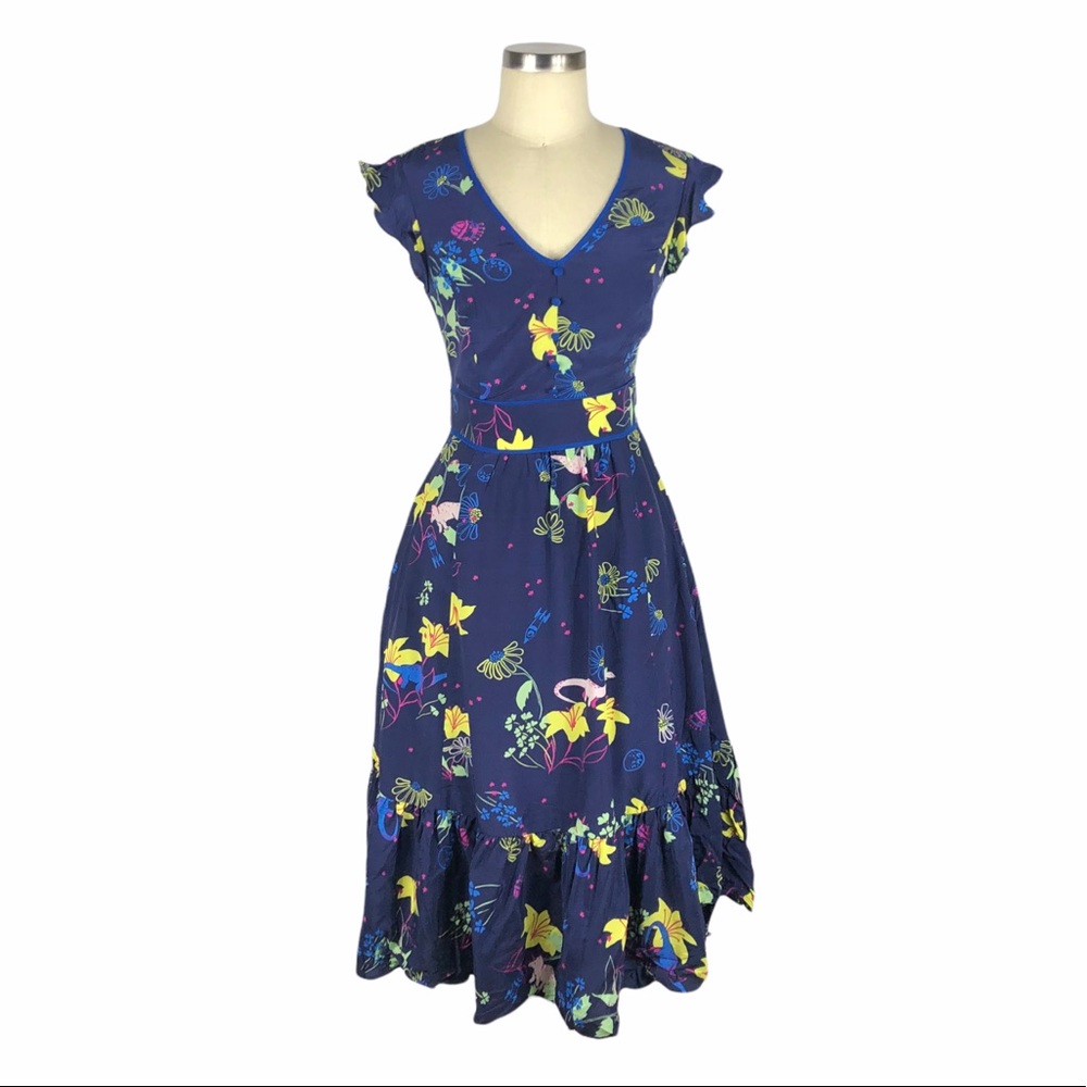 MODLCOTH Navy Blue Dinosaur Floral Print Midi Dress Size Small Fit & Flare